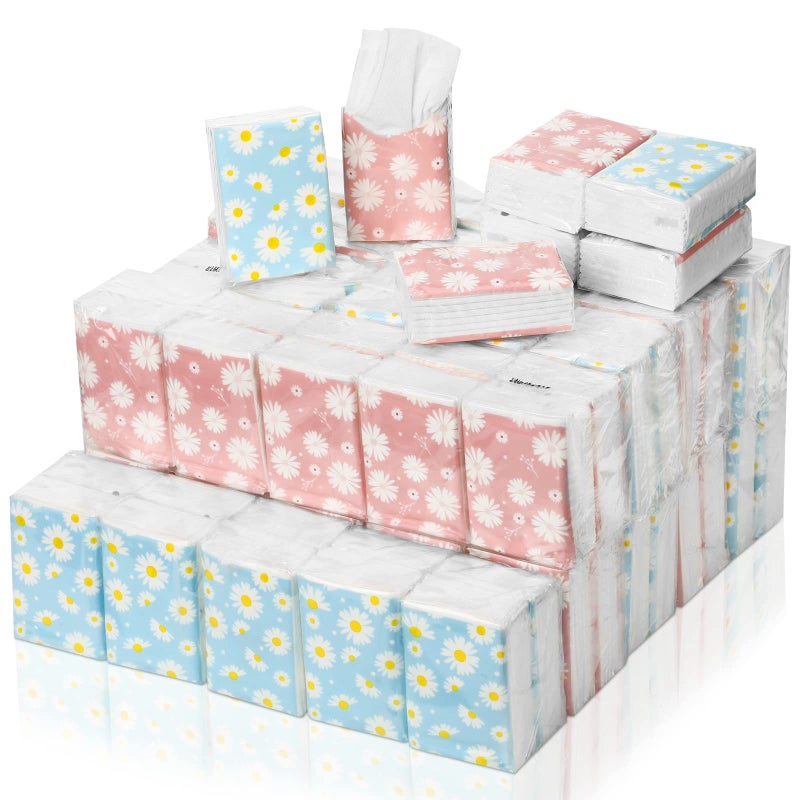 Outus 100 Pack 800 Sheets Small Travel Pocket Tissue Packs 3 Ply Travel Size Individual Facial Tissue Floral Daisy Design for Wedding Funeral Bridal Shower Household Essentials